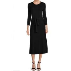 NWOT ELIZA J Black Fit & Flare Sweater Stretchy Smooth Midi Dress w/ Belt MEDIUM